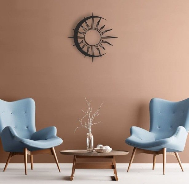 Lazer Kesim Metal Duvar Dekoru, Güneş Ay Dalgalı 40 cm