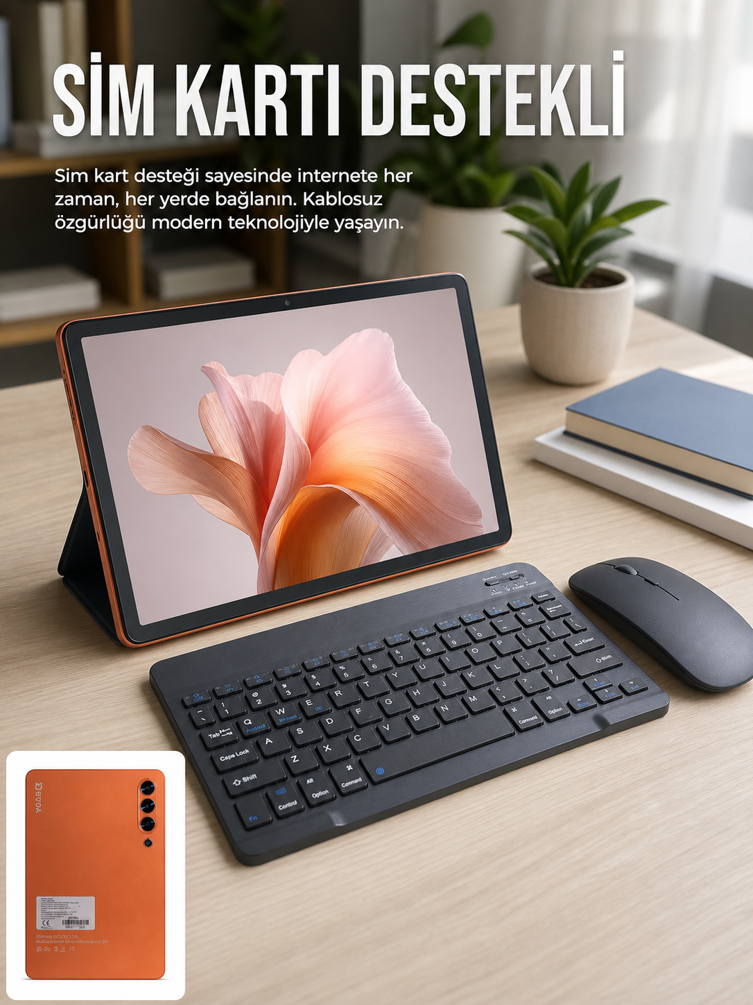 SIM Kart Destekli Android Tablet Bluetooth Klavye ve Kablosuz Mouse Seti Geniş Ekran Taşınabilir Tasarım