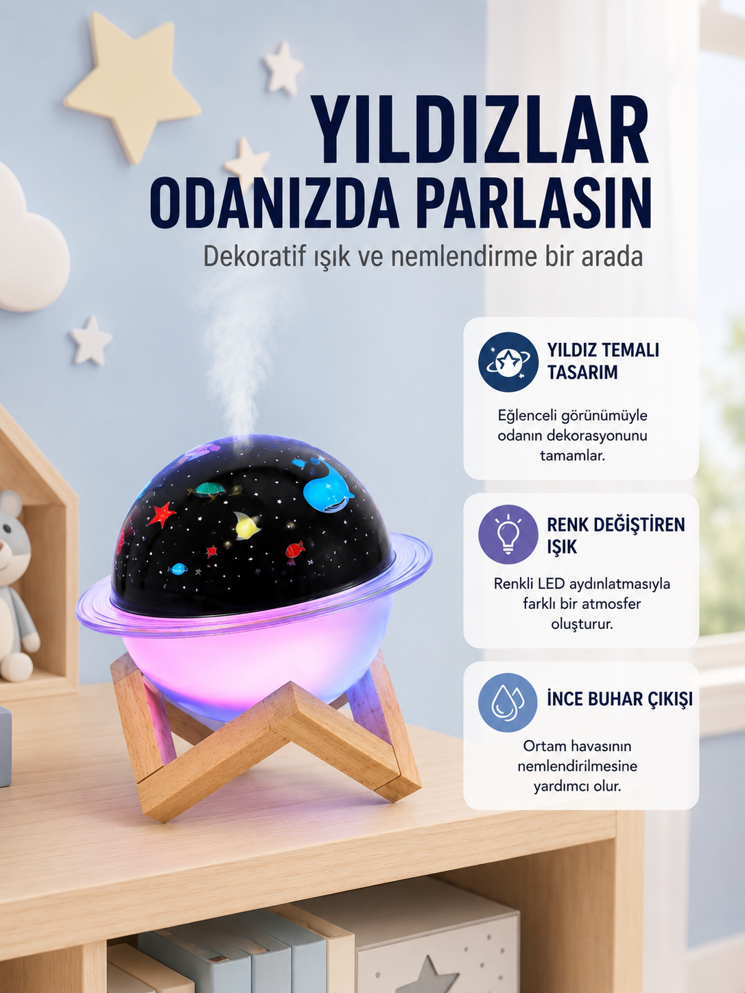 Projektör ışıklı ve aromaterapi destekli taşınabilir nemlendirici cihaz USB bağlantılı