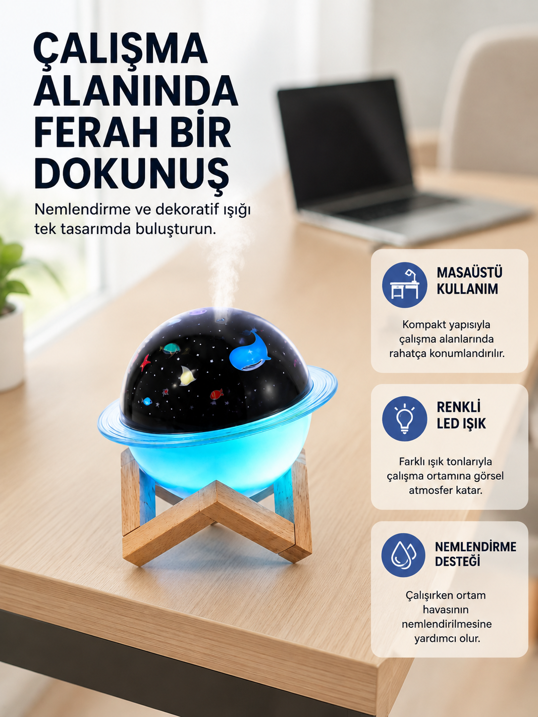 Gece lambası özellikli taşınabilir nemlendirici ve aromaterapi cihazı USB girişli