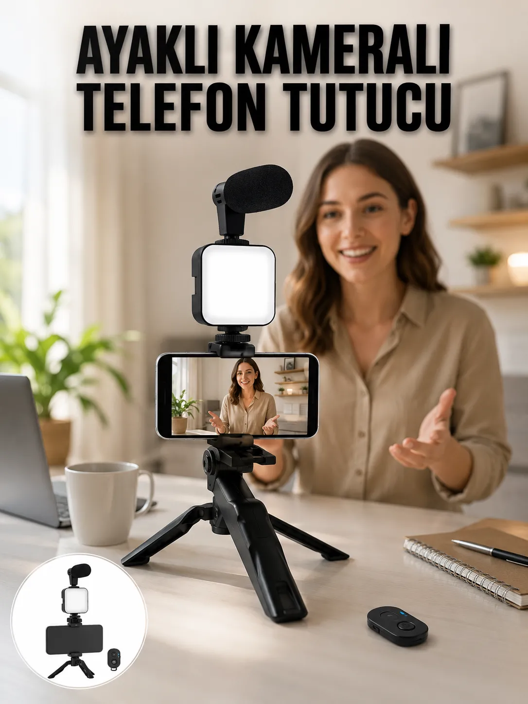 Telefon Tutucu Led Işıklı Kumandalı Mikrofon Telefon Vlog Video Kayıt