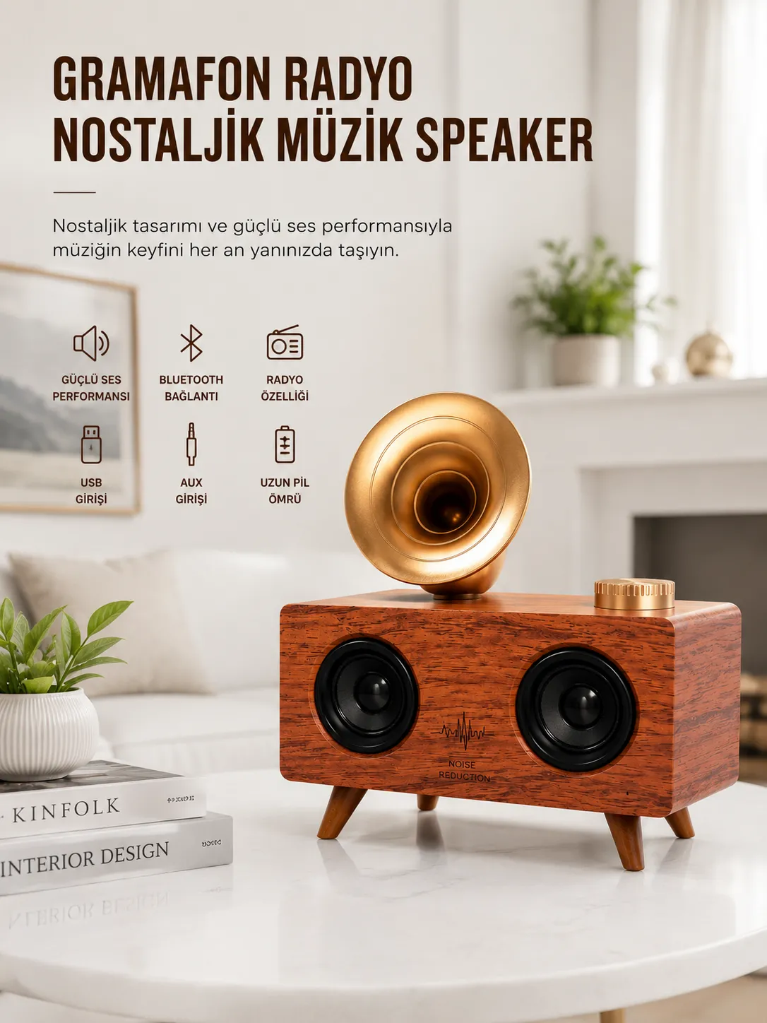 Bluetooth Nostalji Speaker Radyo Gramofon Ahşap Renk Vintage