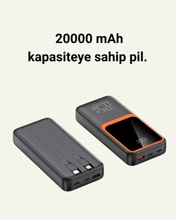 20.000 mAh Powerbank – 22.5W Hızlı Şarj, Çok Kablolu, Dijital Göstergeli
