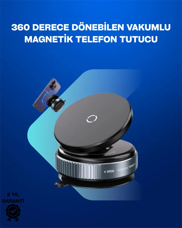 Güçlü Manyetik Tutuşlu 360° Döner Araç Telefon Tutucu – Vakumlu Montajlı
