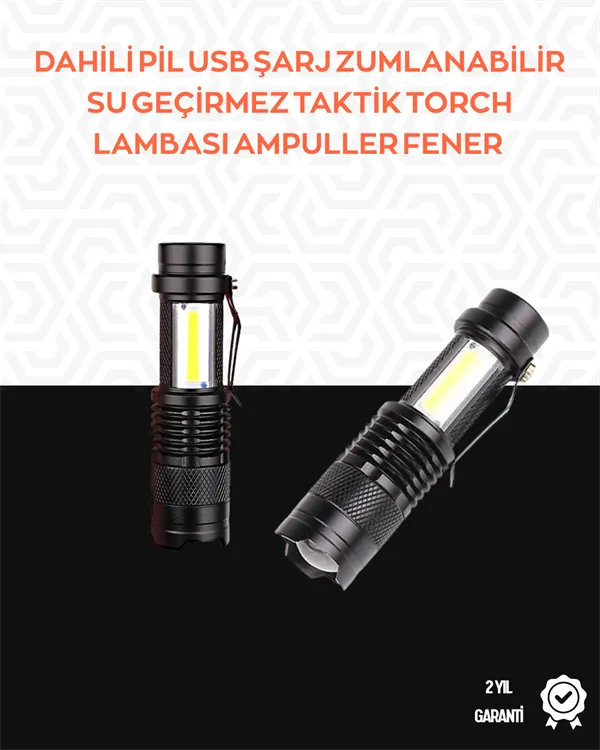 Taşınabilir Şarjlı LED Fener - 4 Modlu, 2000LM, Ayarlanabilir Odak