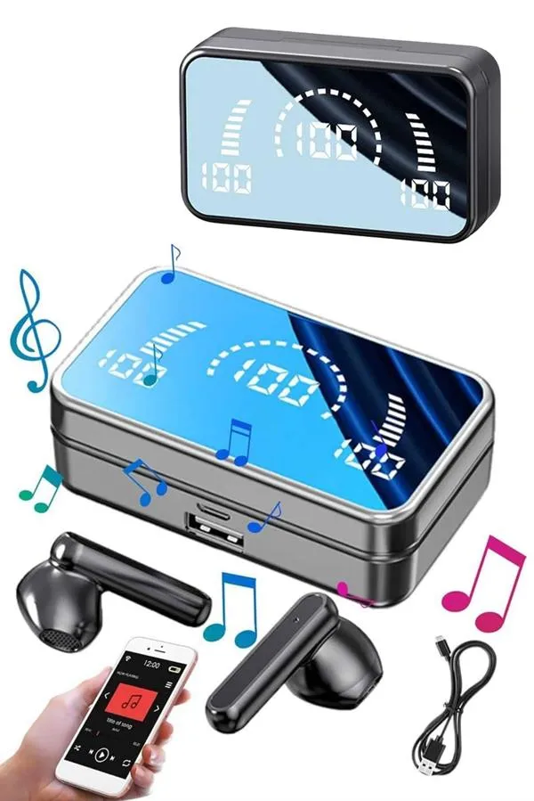 Yeni Nesil Kablosuz Kulaklık Aynalı Powerbank Özellikli Bluetooth Bağlantılı Dijital Göstergeli