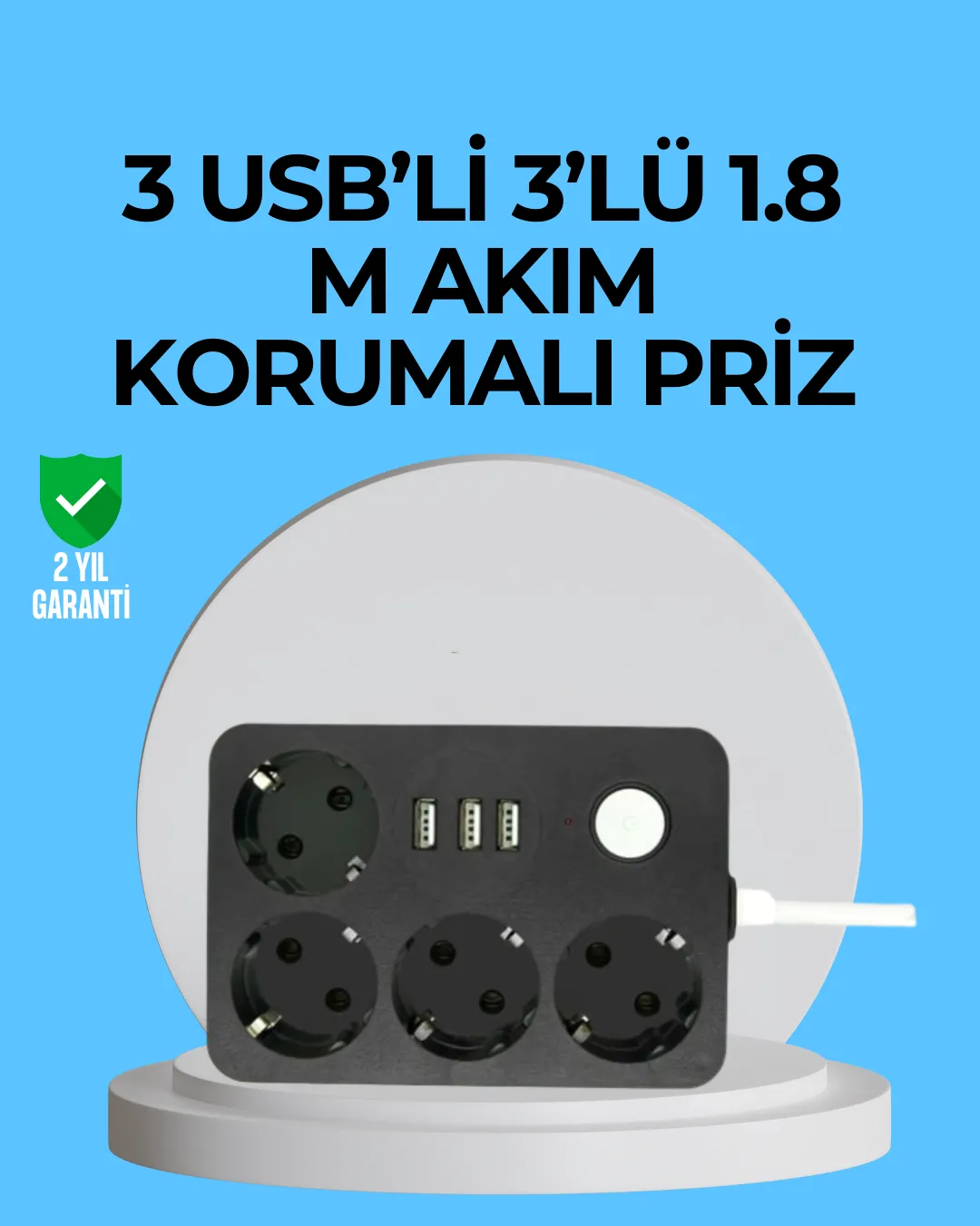 3 USB Çıkışlı 4’lü Akıllı Priz 2500W 2 Metre Kablo