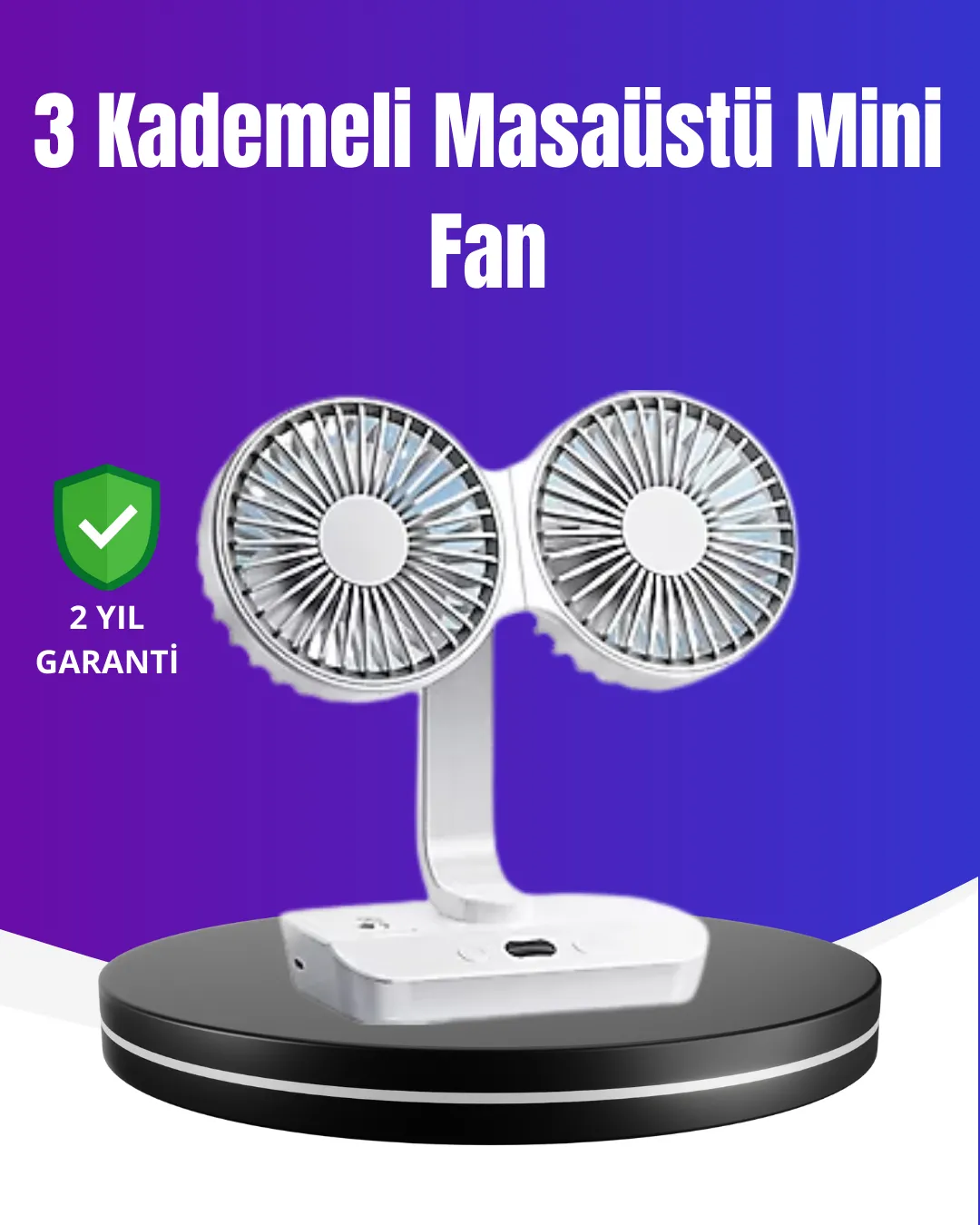 720° Döner Çift Taraflı Masaüstü Vantilatör – USB Şarjlı Sessiz Fan