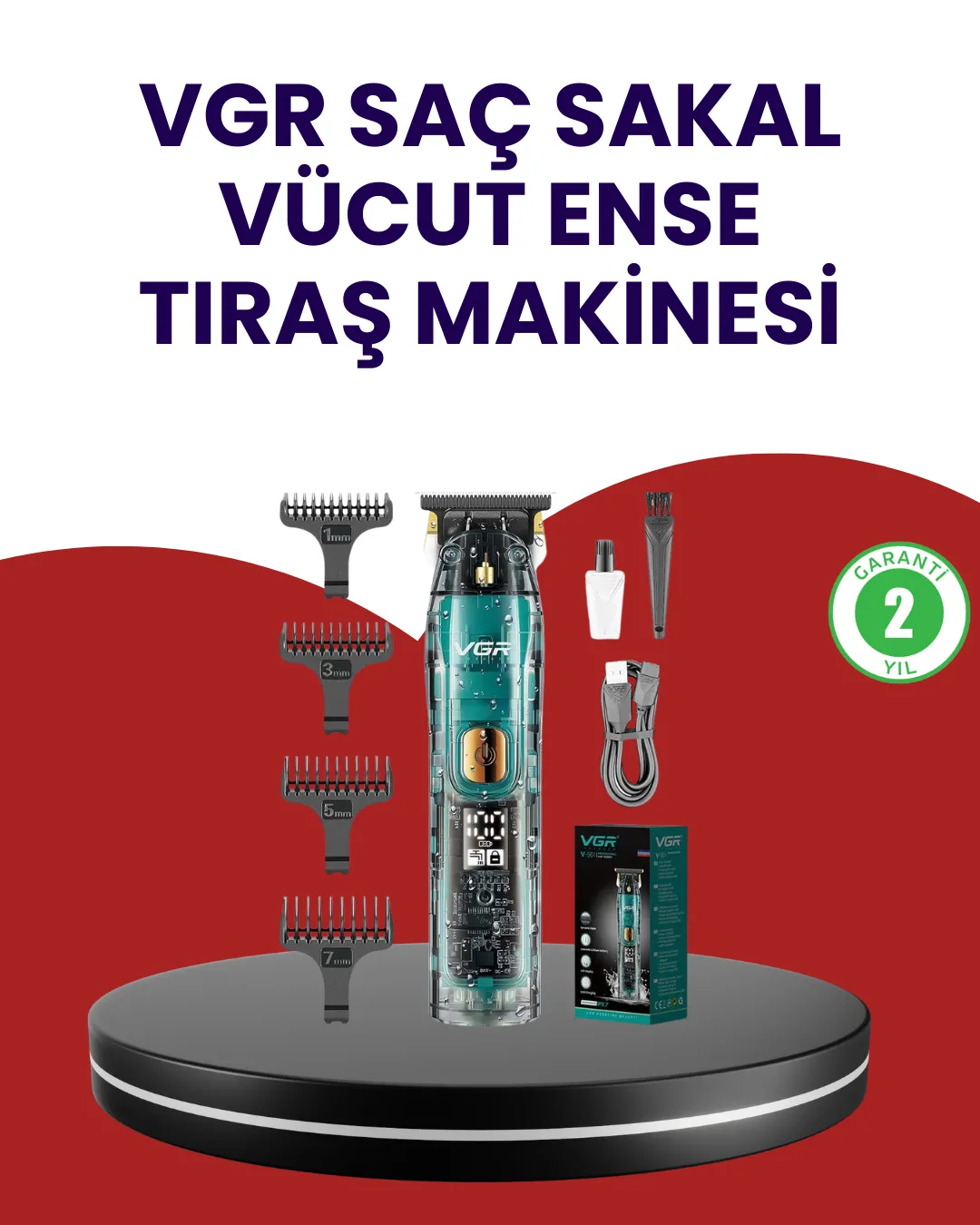 VGR V-695 Şarjlı Profesyonel Erkek Saç Sakal Tıraş Makinesi IPX7 Su Geçirmez