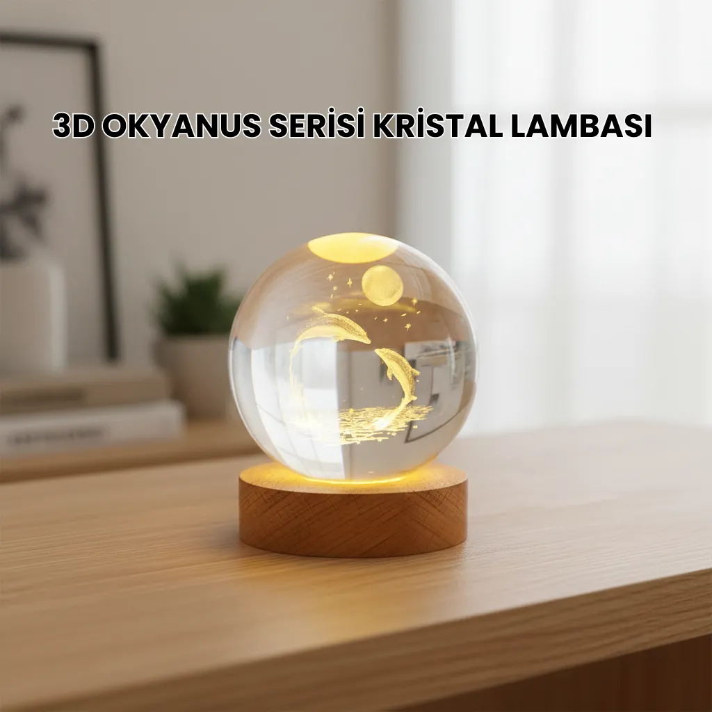 3D Yunus Desenli Kristal Küre Ahşap Tabanlı Işıklı Dekor Objesi