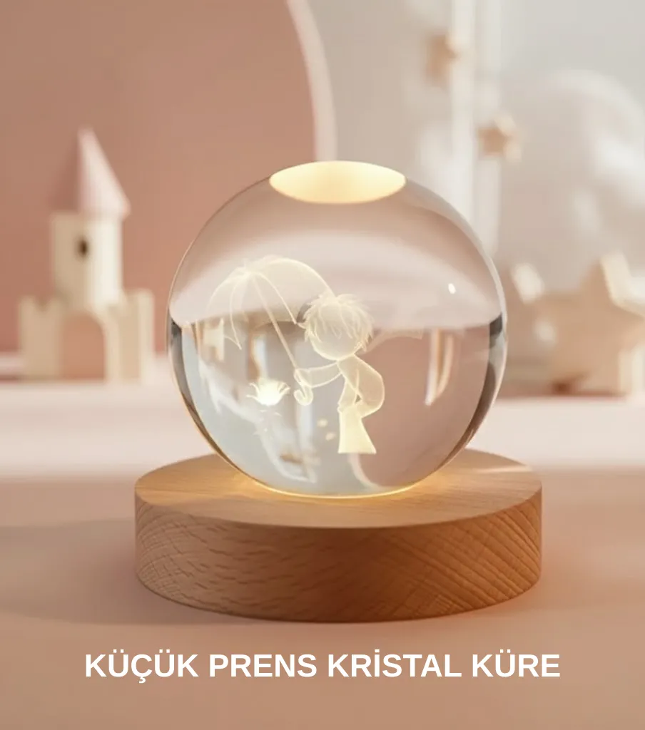 Küçük Prens Figürlü 3D Kristal Top Sıcak Işıklı USB Ahşap Tabanlı Dekor Lamba