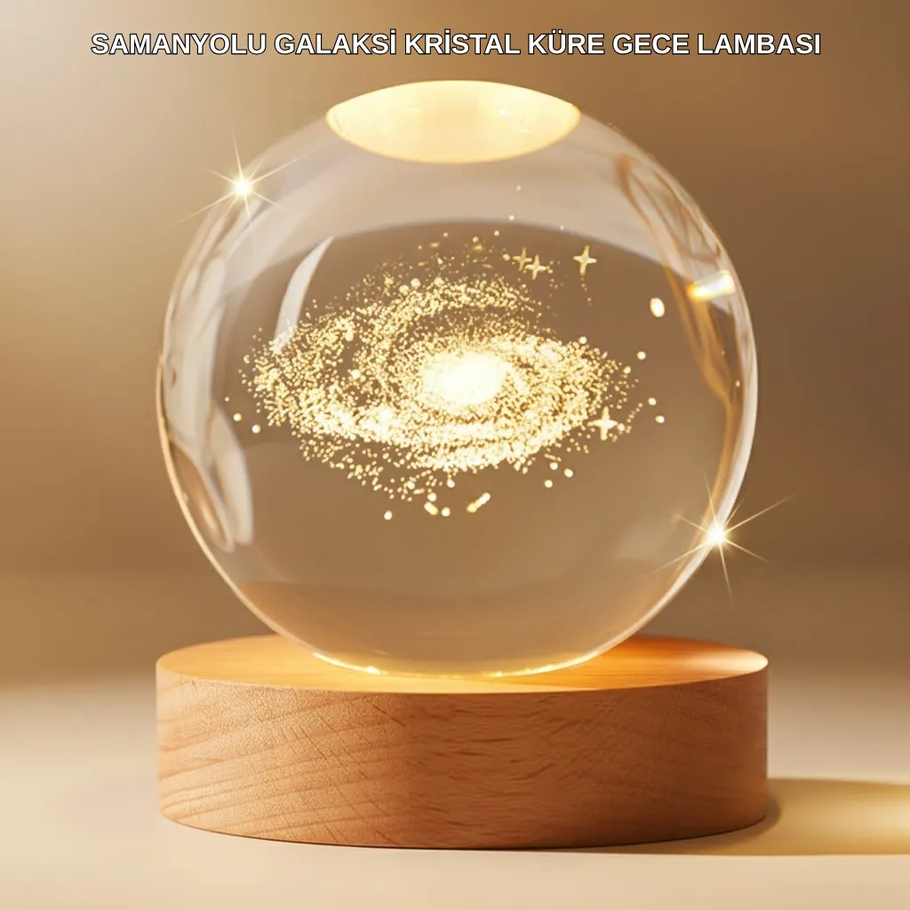 Gün Işığı LED’li 3D Kristal Galaksi Küre Ahşap Tabanlı Dekoratif Lamba
