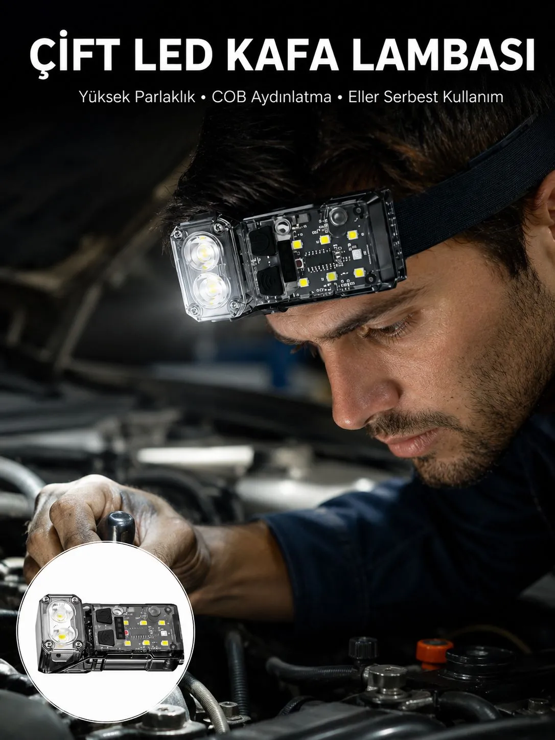 3 Fonksiyonlu LED Far El Feneri Çalışma Lambası Uzun Pil Ömürlü