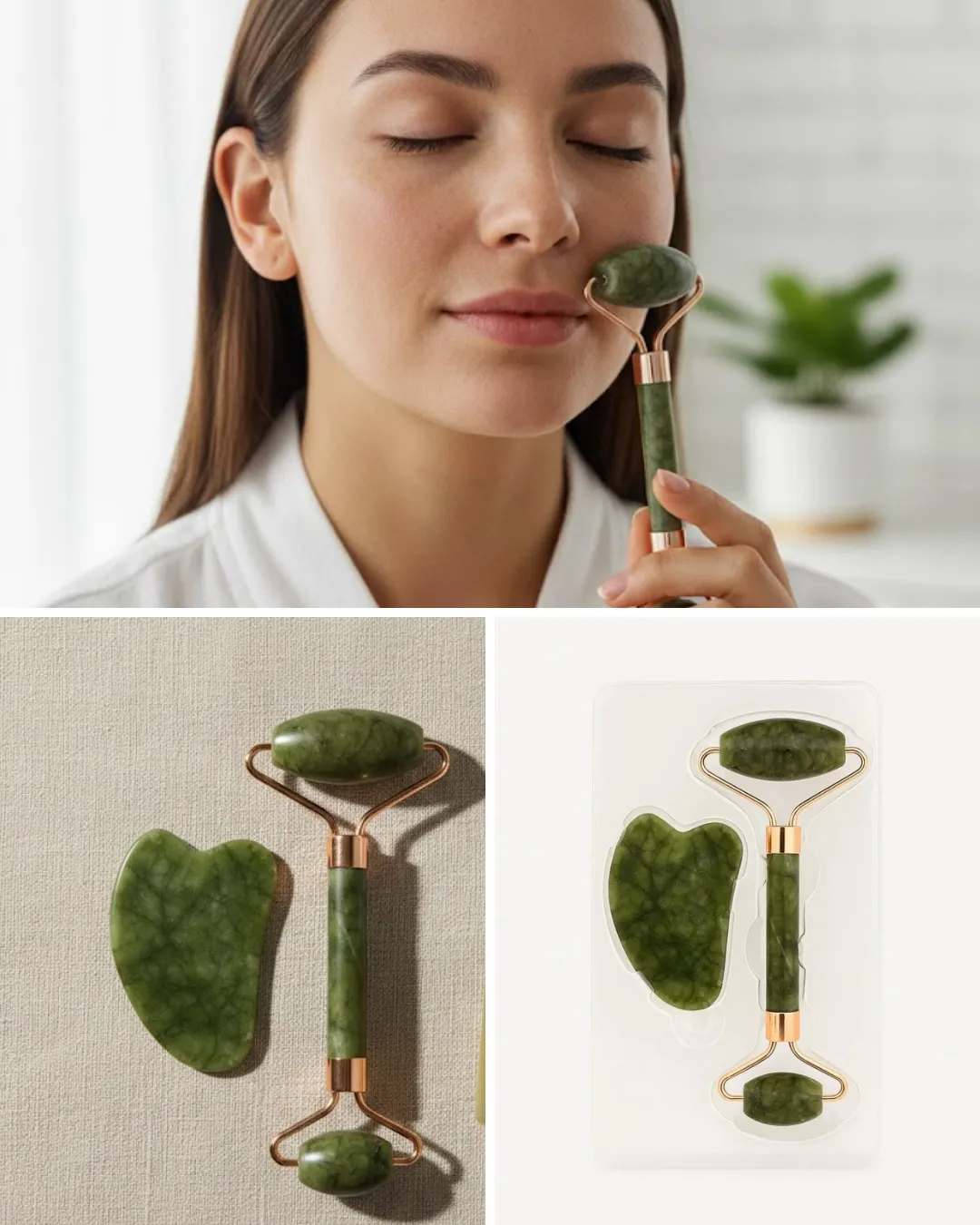 Doğal Yeşim Taşı Yüz Masaj Roller ve Gua Sha Seti 2 Parça