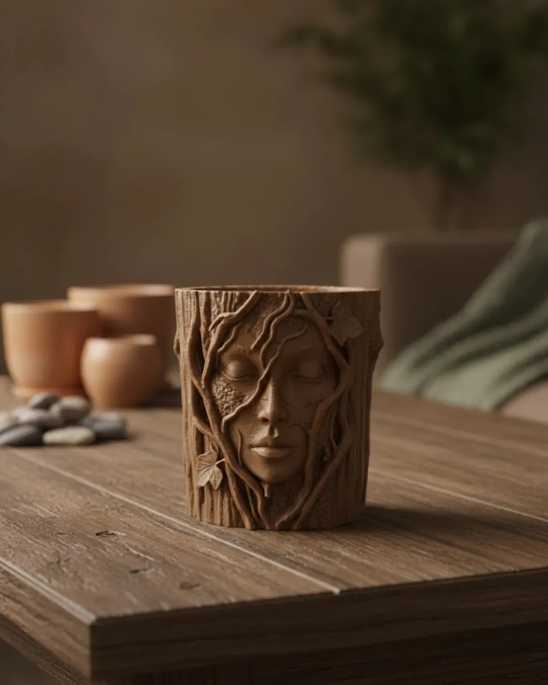 Doğa Temalı Yüz Detaylı Dekoratif Vazo 3D Ağaç Desenli Şık Saksı