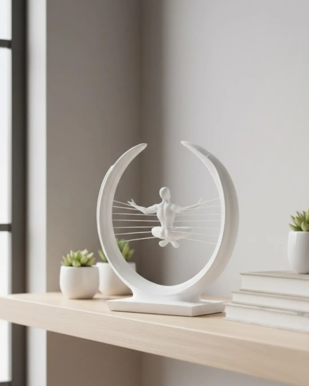 3D Zen Heykeli Beyaz Ay İçinde Meditasyon Figürü Dekoratif Obje