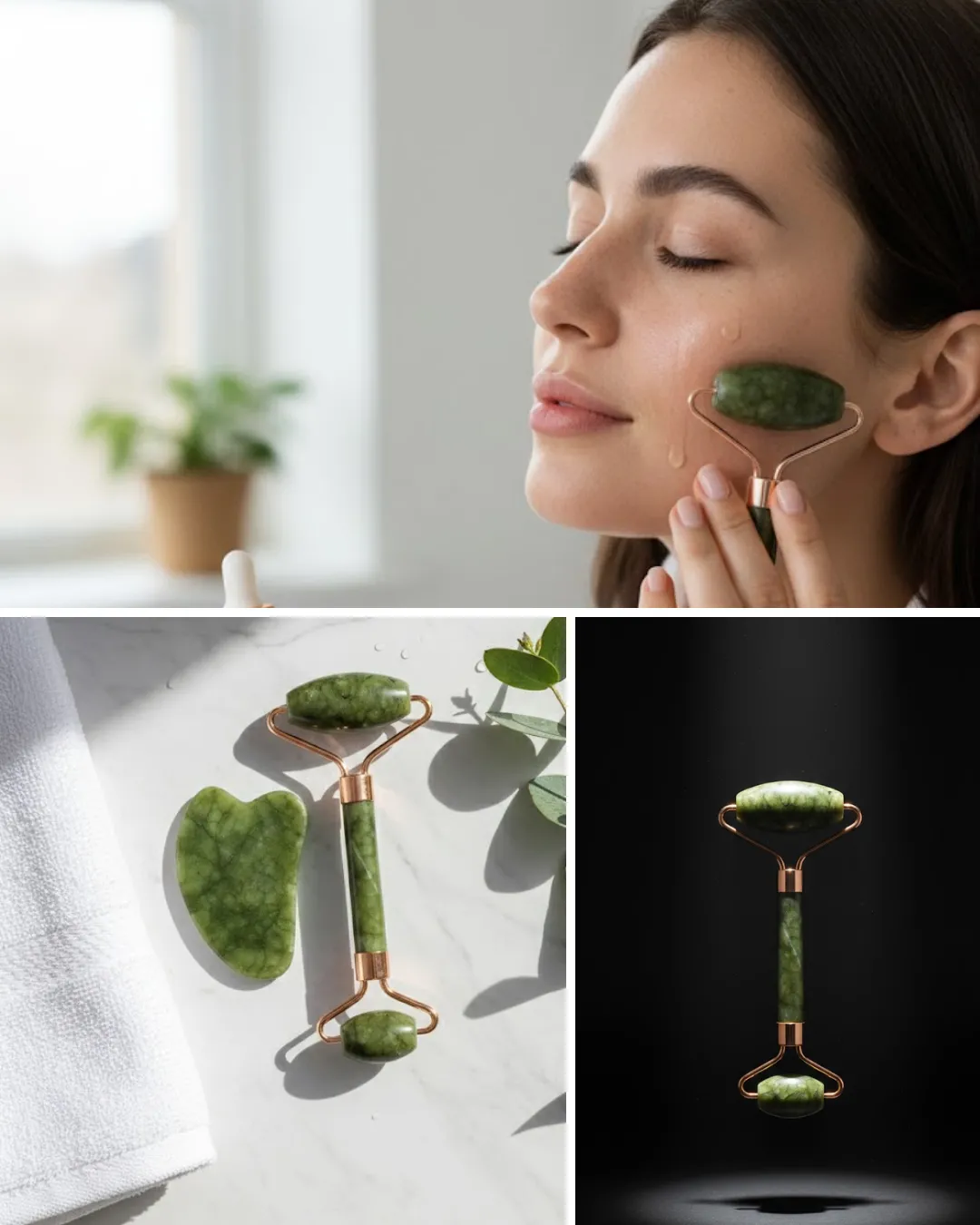 Doğal Yeşim Roller ve Gua Sha Yüz Şekillendirme Seti