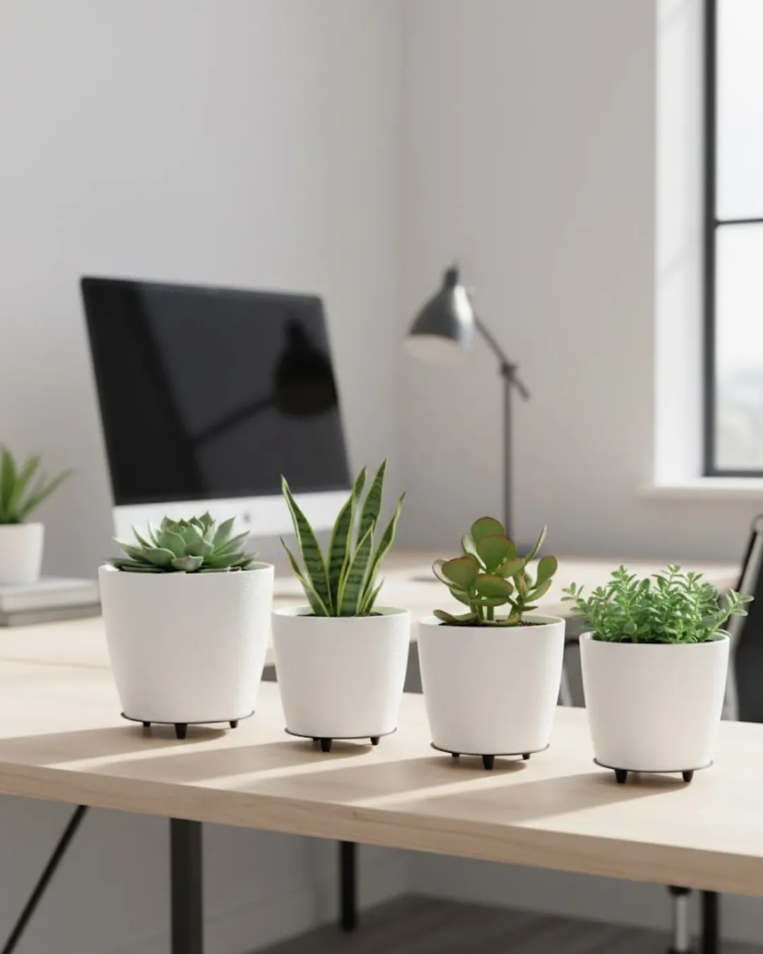 4’lü 3D Beyaz Minimal Dekoratif Vazo Ayaklı Saksı Takımı