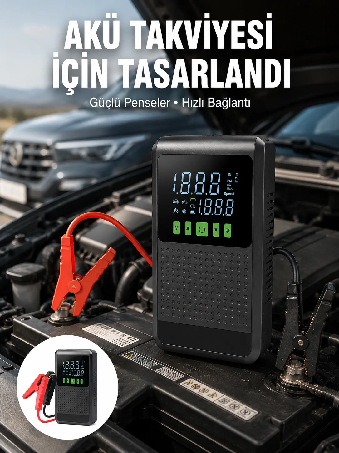 4’ü 1 Arada Jump Starter Hava Kompresörü Powerbank ve LED Fener