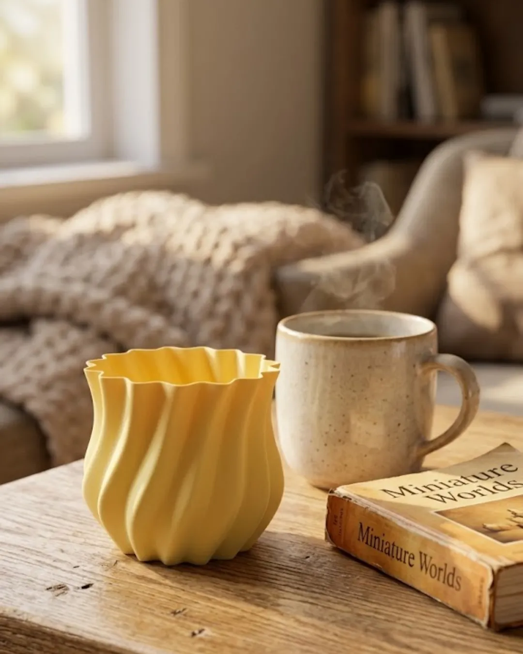 3D Kıvrımlı Sarı Vazo Modern Dekoratif Ev Aksesuarı Şık Tasarım