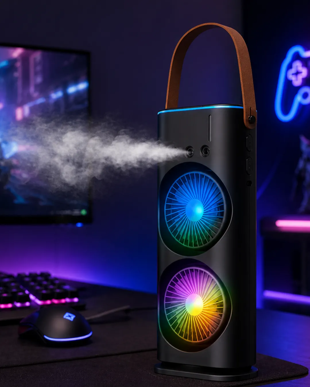 RGB Işıklı Spreyli Masa Fanı Çift Motorlu Güçlü Üflemeli Taşınabilir Fan