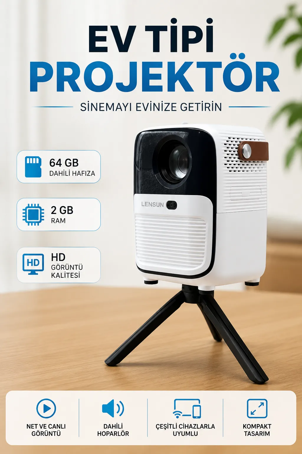 Projector Ev Tipi 64 Gb 2 Gb Rem Hafıza Hd Görüntü Kumandalı