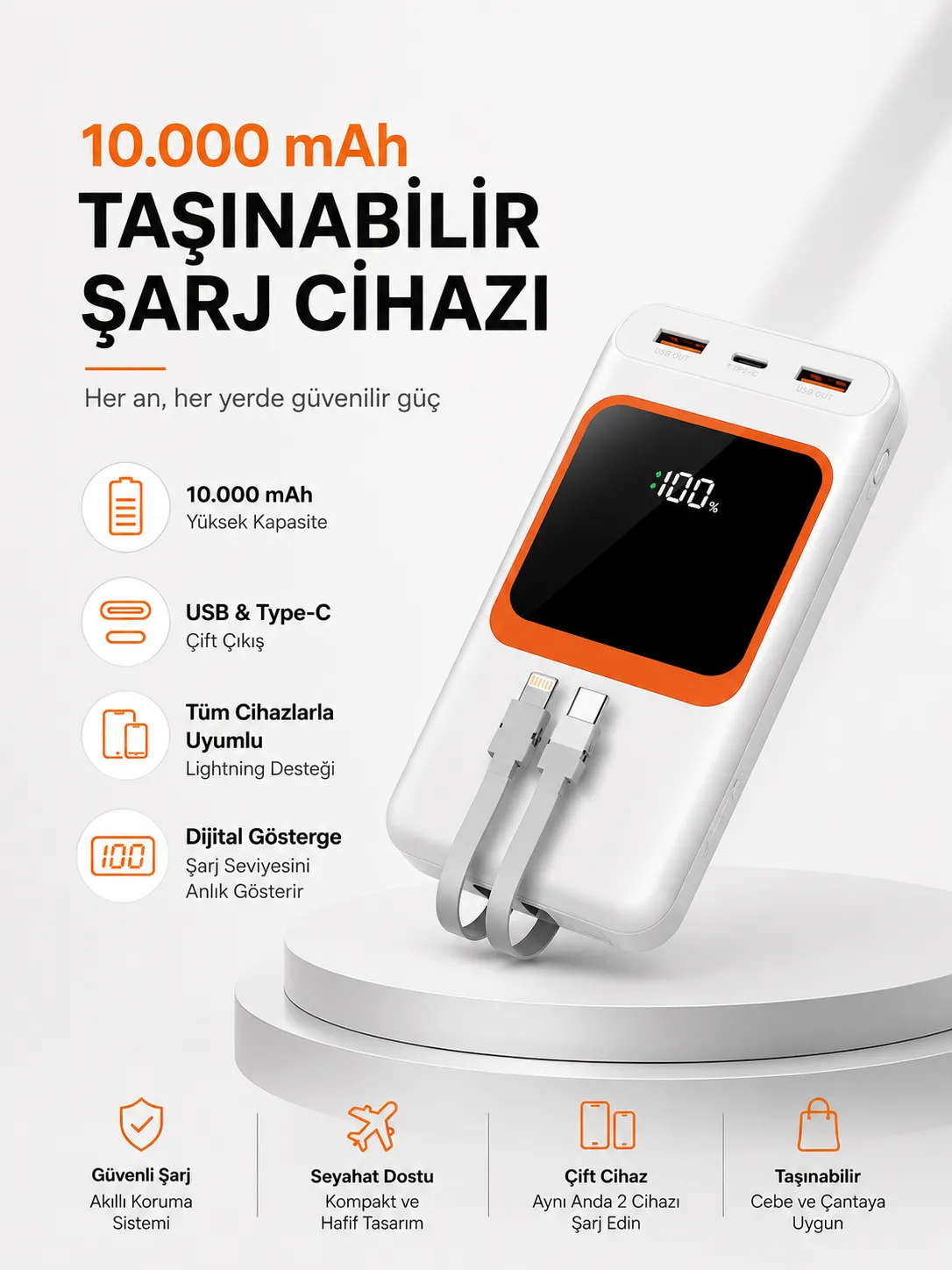 10.000 mAh Bataryalı, Dijital Göstergeli Taşınabilir Powerbank