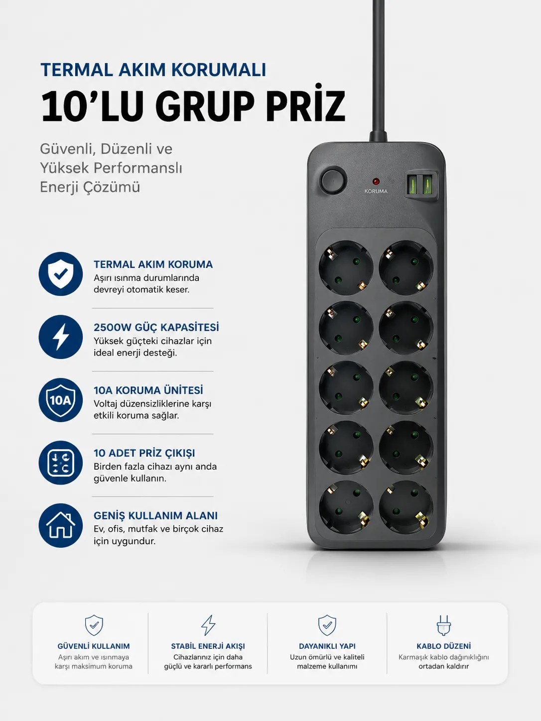 Termal Akım Korumalı USB Type-C Girişli 10'lu Grup Priz 2500W Güç Kapasitesi (Kopya)
