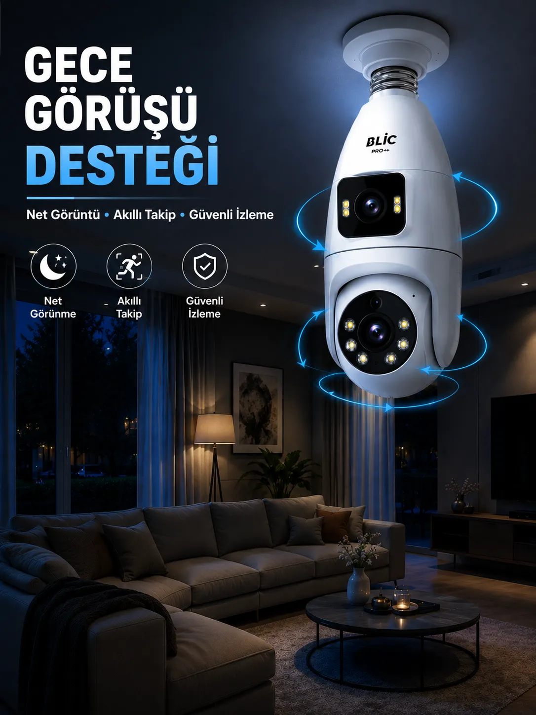 Gece Görüşlü Çift Lens Wi-Fi Ampul Kamera Mobil Takip Destekli