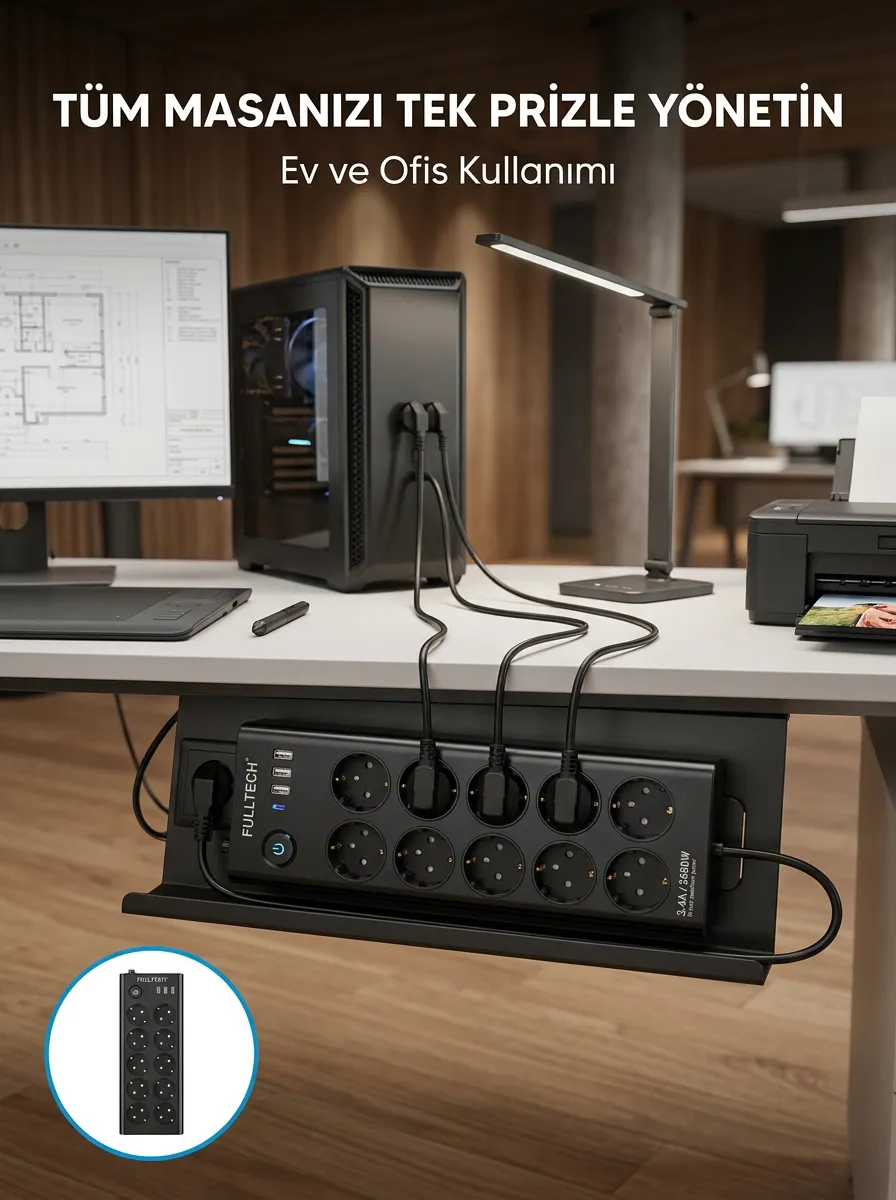 USB ve Type-C Şarj Özellikli 10'lu Çoklu Priz