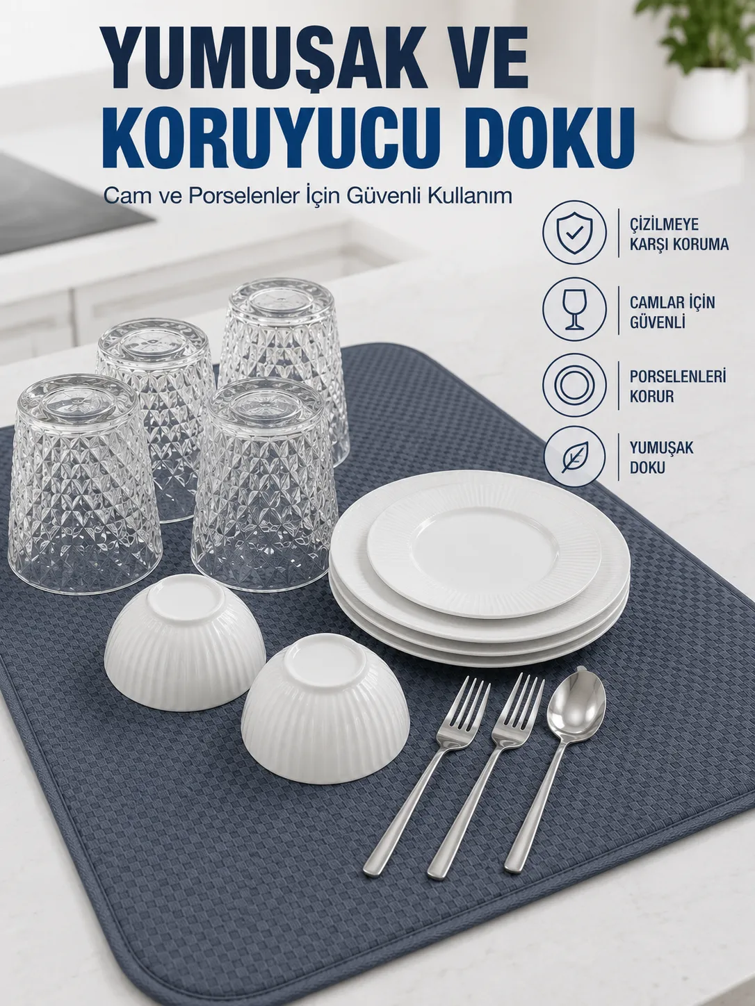 Su Emici Bulaşık Kurutma Matı Kaydırmaz ve Yumuşak Dokulu Kurutmalık