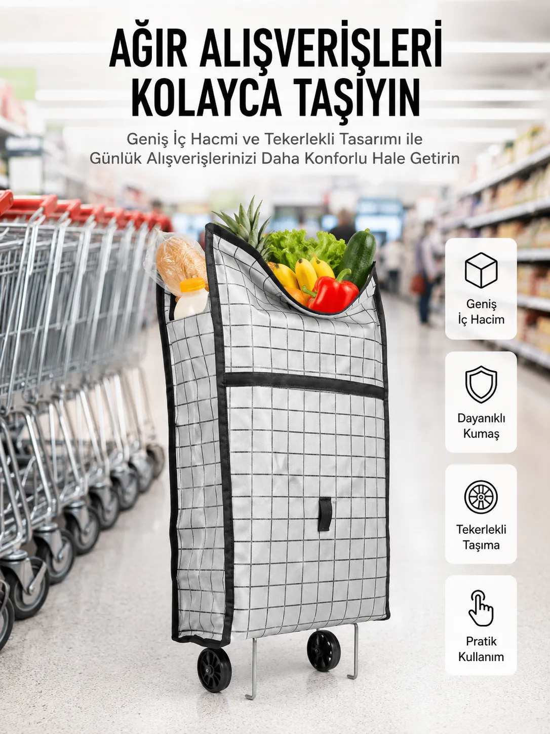 Geniş Hacimli Tekerlekli Pazar Çantası Dayanıklı ve Ergonomik