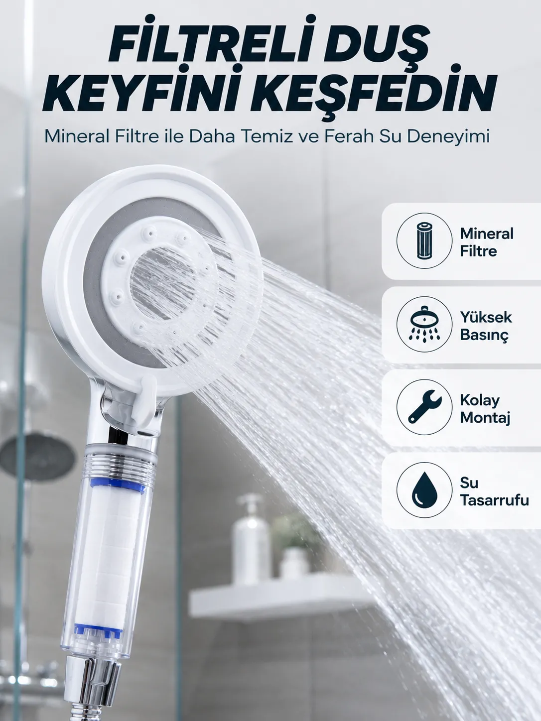 Şeffaf Filtre Hazneli Duş Başlığı Güçlü Akışlı Pratik Banyo Duşu