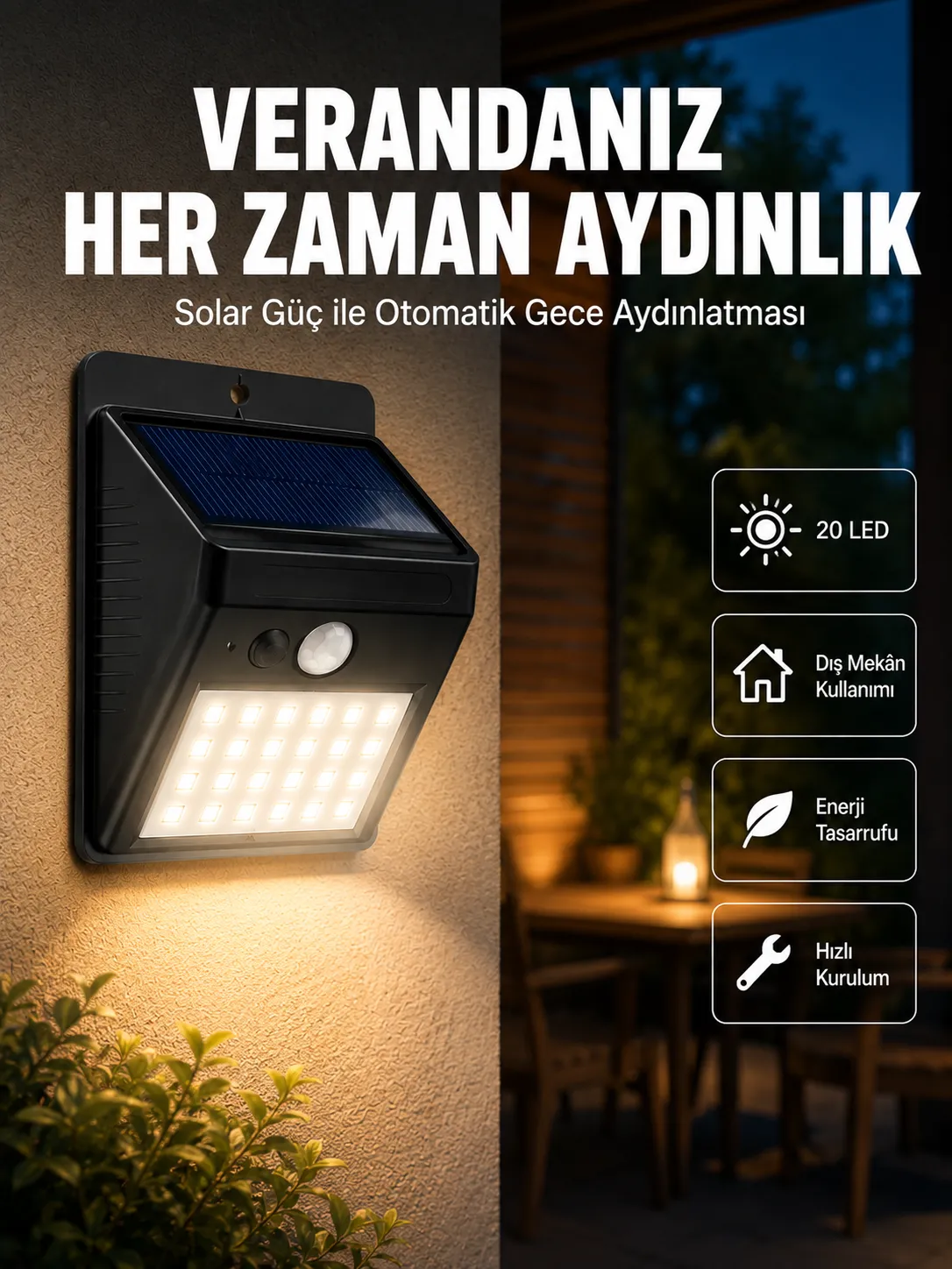 Bahçe ve Dış Mekanlar İçin Güneş Enerjili 20 LED Hareket Sensörlü Lamba Yeni Nesil