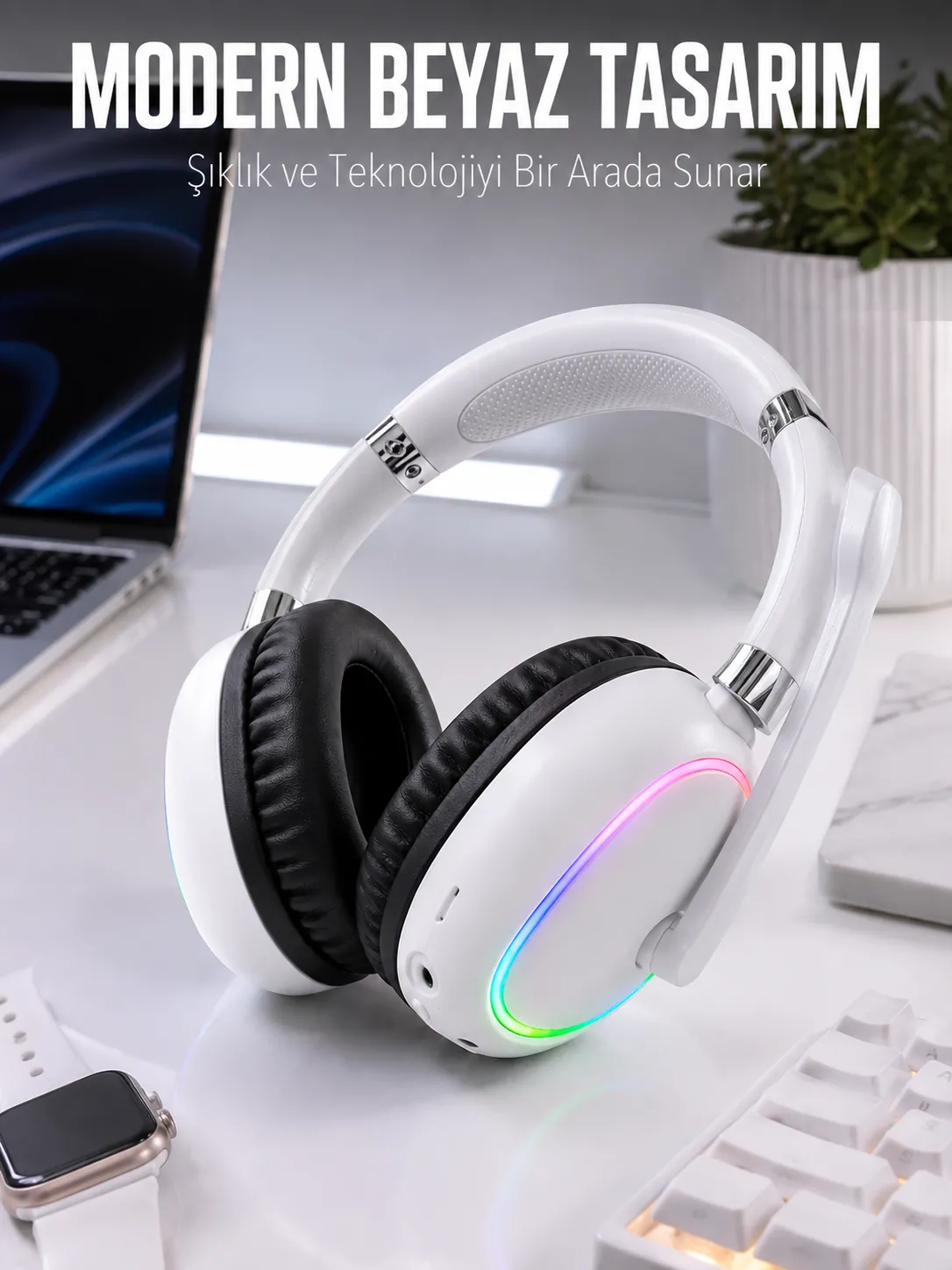 Kablosuz Bluetooth Mikrofonlu Beyaz Kulaklık  RGB Işıklı