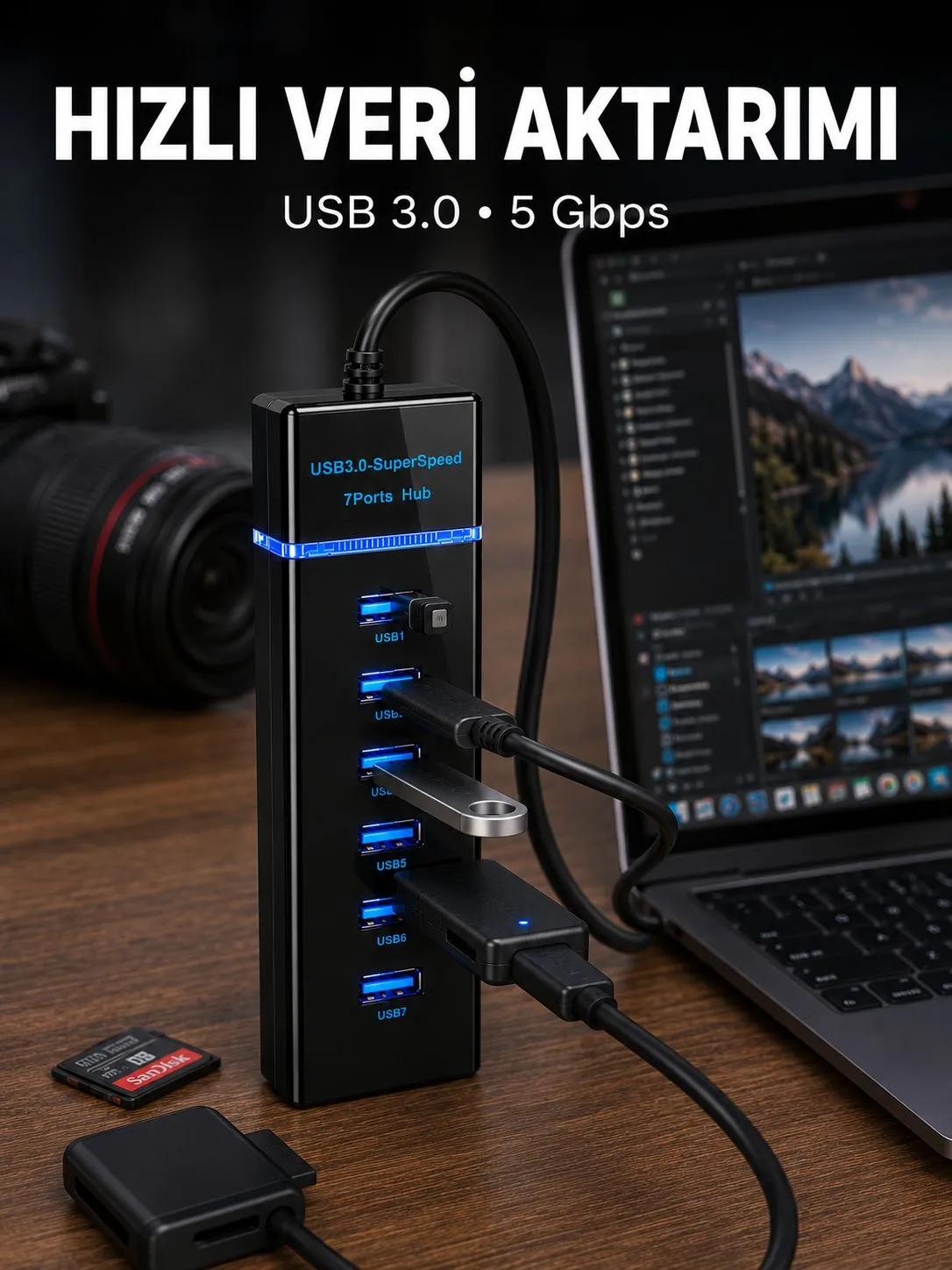 USB 3.0 Çoklayıcı 7 Port Yüksek Hızlı Veri Aktarım