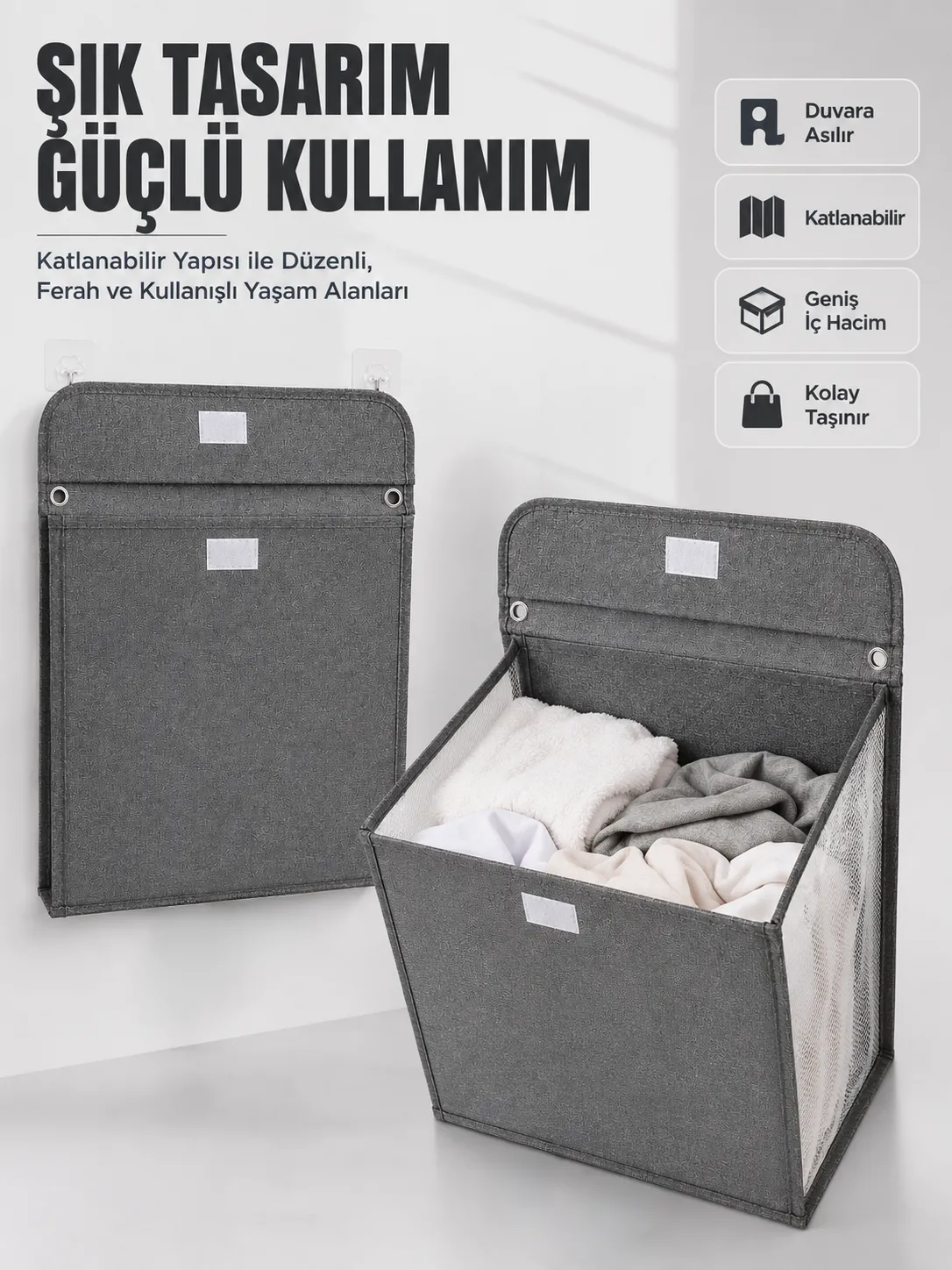 Duvara Asılabilir Katlanabilir Kirli Çamaşır Sepeti Geniş Hacimli Düzenleyici