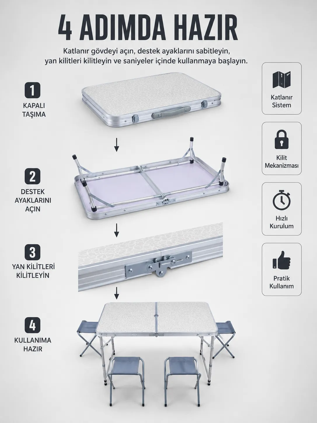 Valiz Tipi Katlanabilir Piknik Masası 4 Tabureli Taşınabilir Kamp Masası