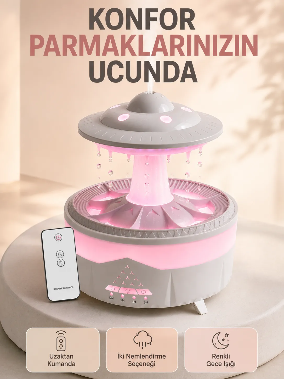 350 ML UFO Tasarımlı Ultrasonik Hava Nemlendirici Yağmur Efektli Gece Lambası
