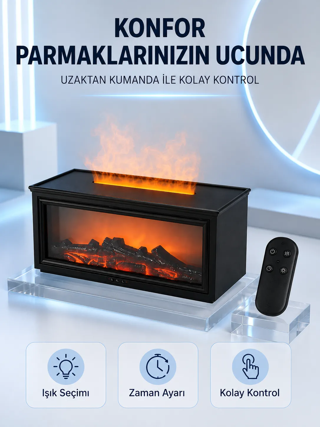 Dekoratif Şömine Görünümlü Nemlendirici Uzaktan Kumandalı Renkli LED Işıklı Difüzör