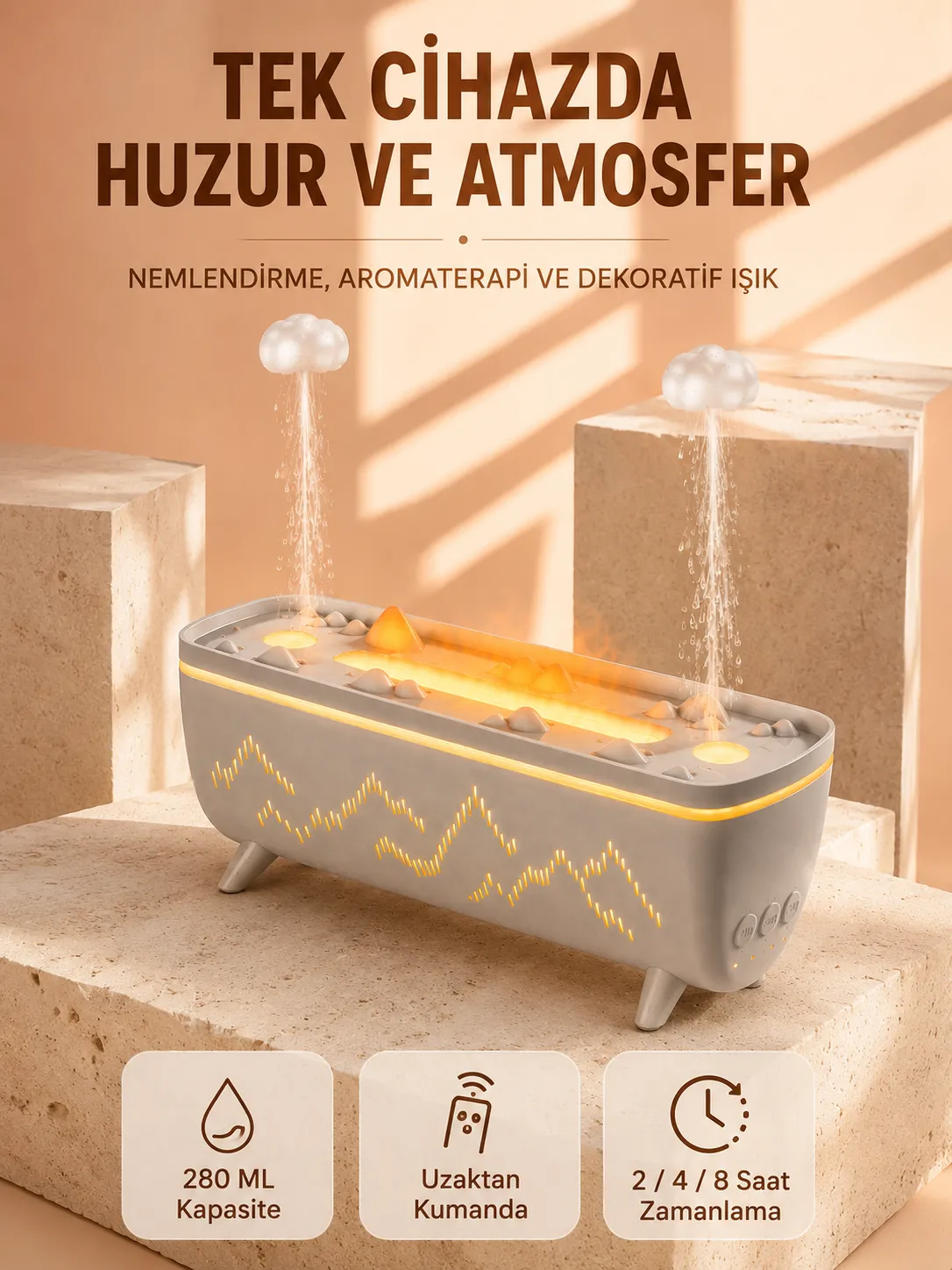 Aroma Difüzörü 280 ML Yağmur Damlası Efektli Hava Nemlendirici Uzaktan Kumandalı LED Işıklı
