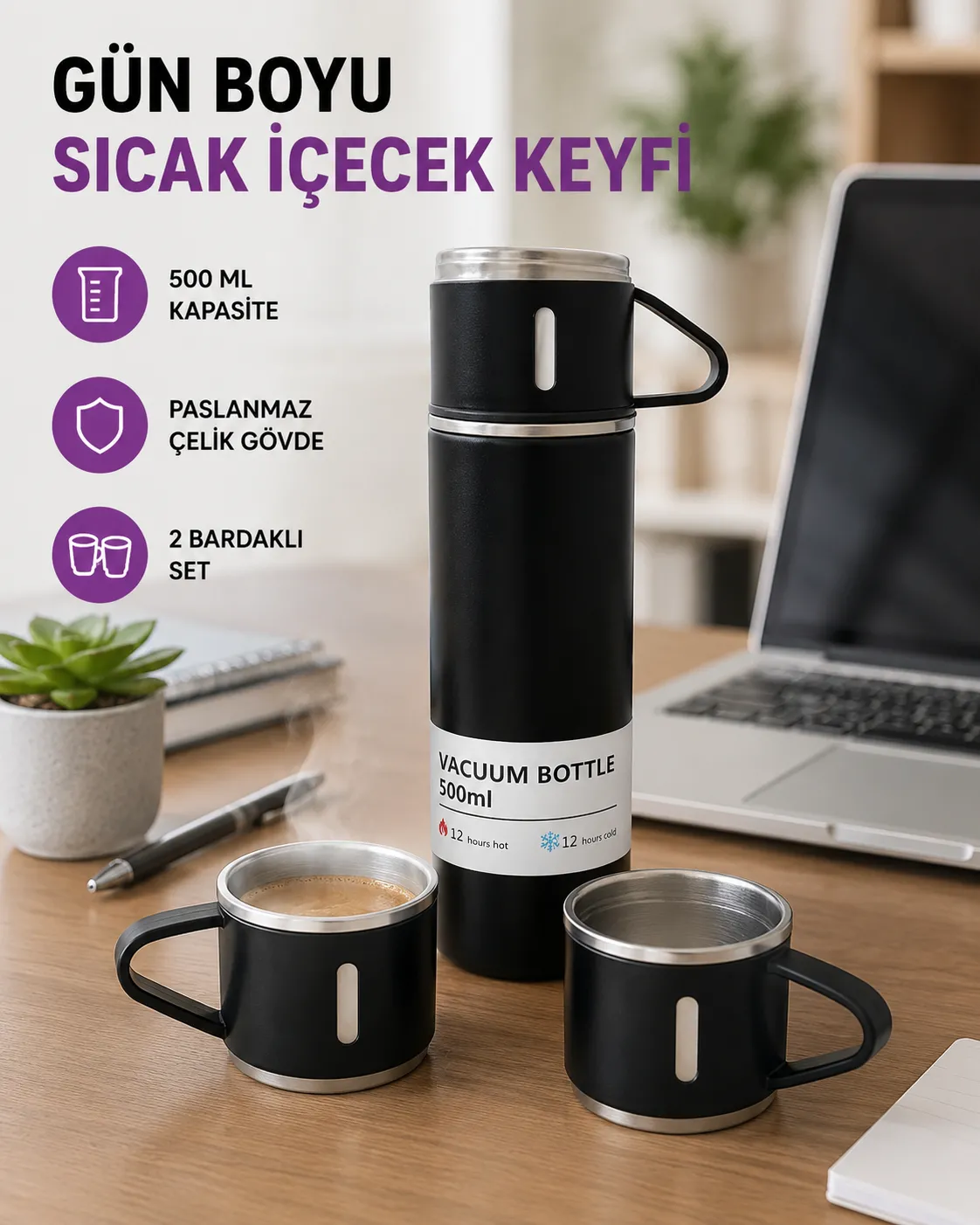 Paslanmaz Çelik 500 ml Termos Seti – 8 Saat Isı Koruma, Vakumlu, Sızdırmaz ve Taşınabilir