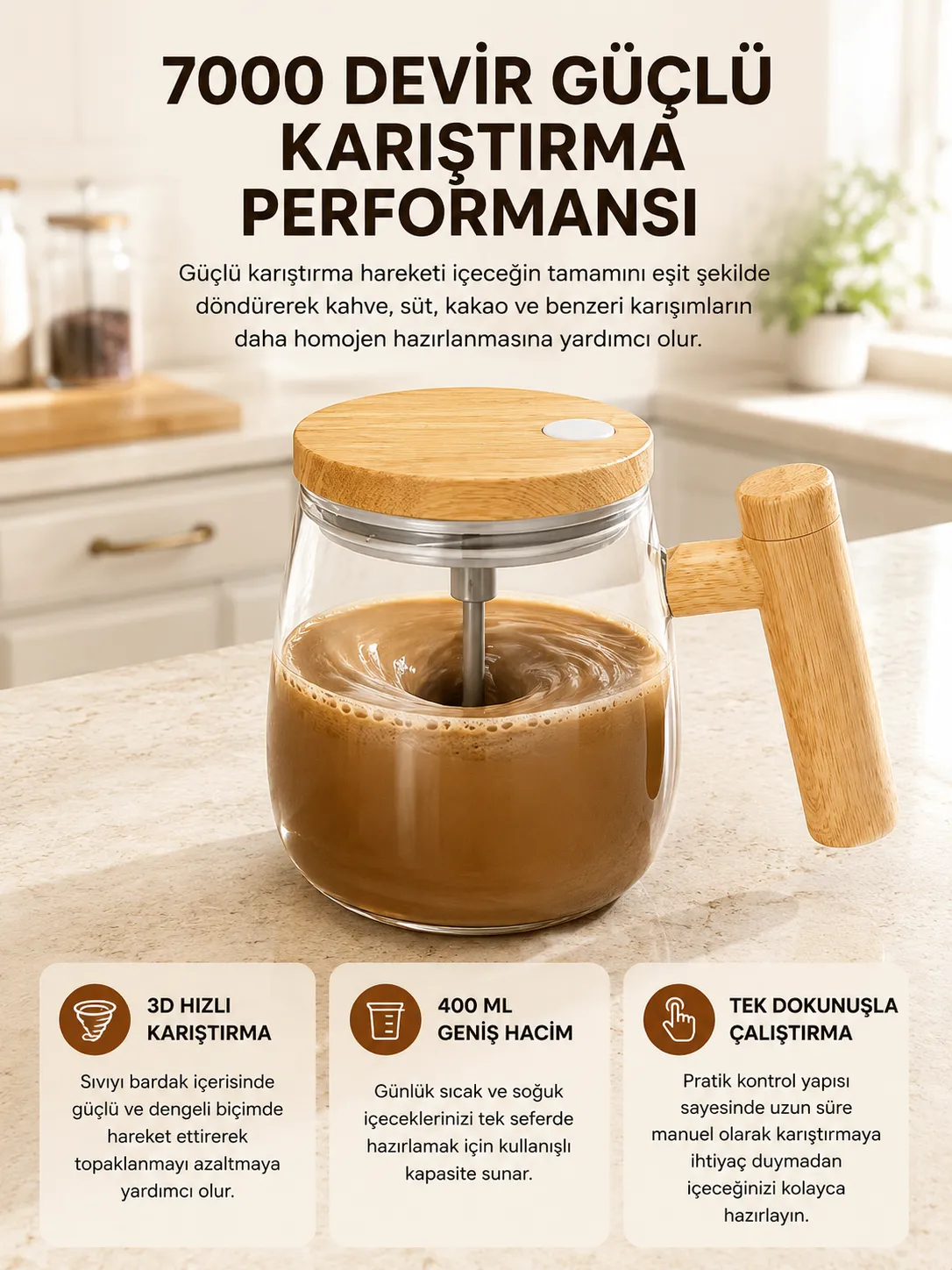 Manyetik Karıştırıcı Kupa – 400 ml, C Tipi Şarjlı, Akıllı Tasarım Yeni Nesil