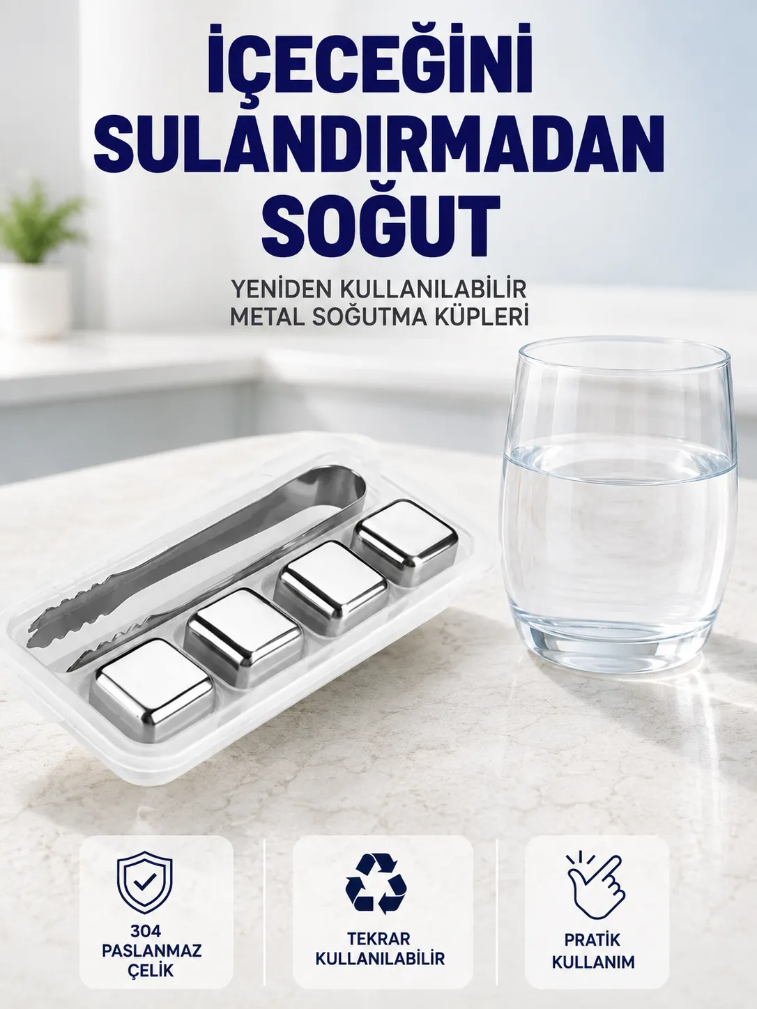 Paslanmaz Çelikten Üretilmiş Metal Buz Küpü Seti ve Buz Klipsi
