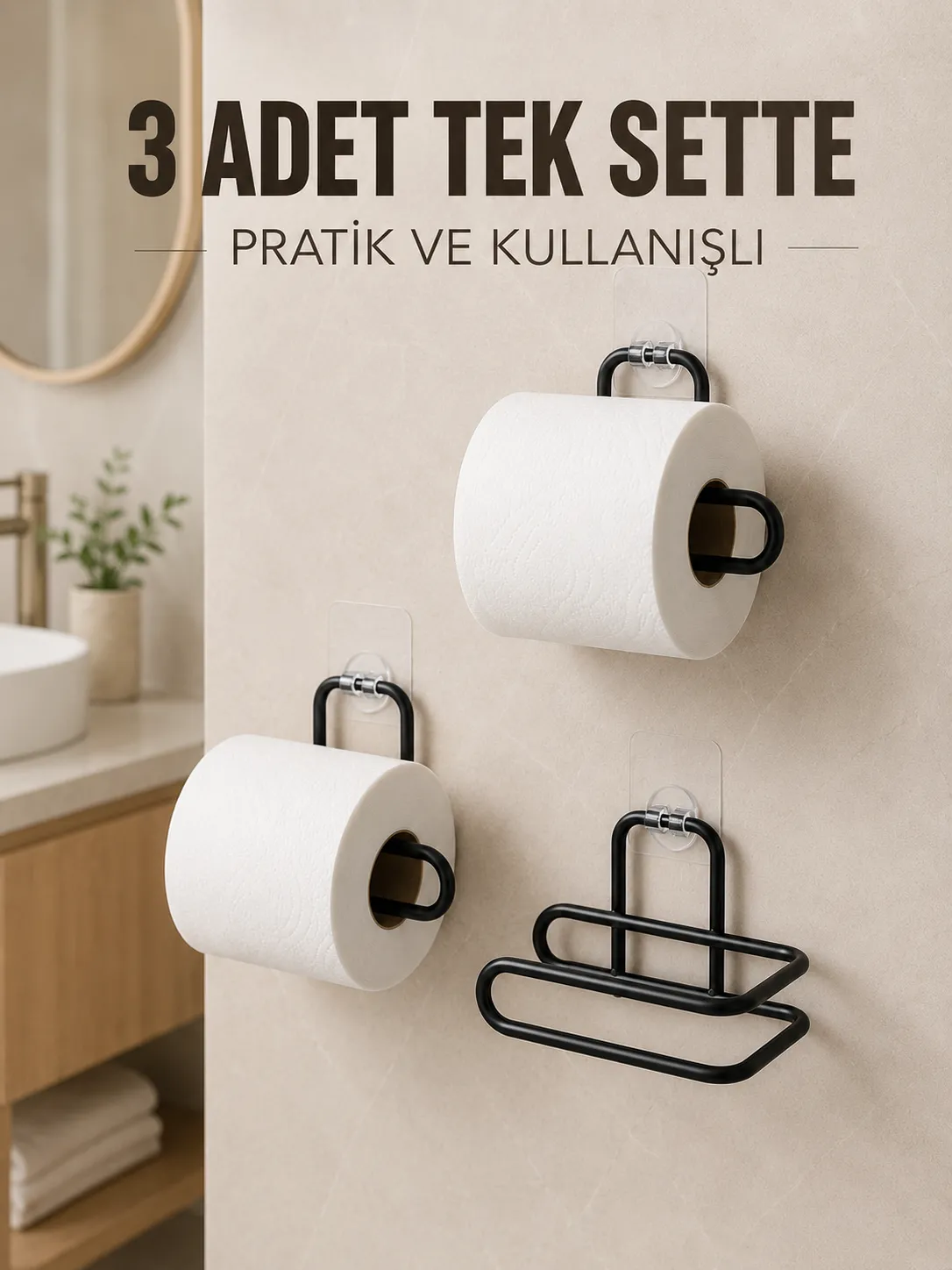 3 Adet Siyah Rulo Kağıt Tutucu Yapışkanlı Duvar Tipi Pratik Kağıtlık Seti