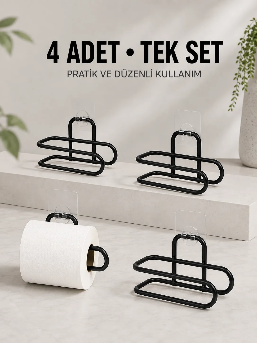Duvara Yapışkanlı WC Kağıtlık Siyah Metal 4 Adet Tuvalet Kağıdı Rulo Askısı
