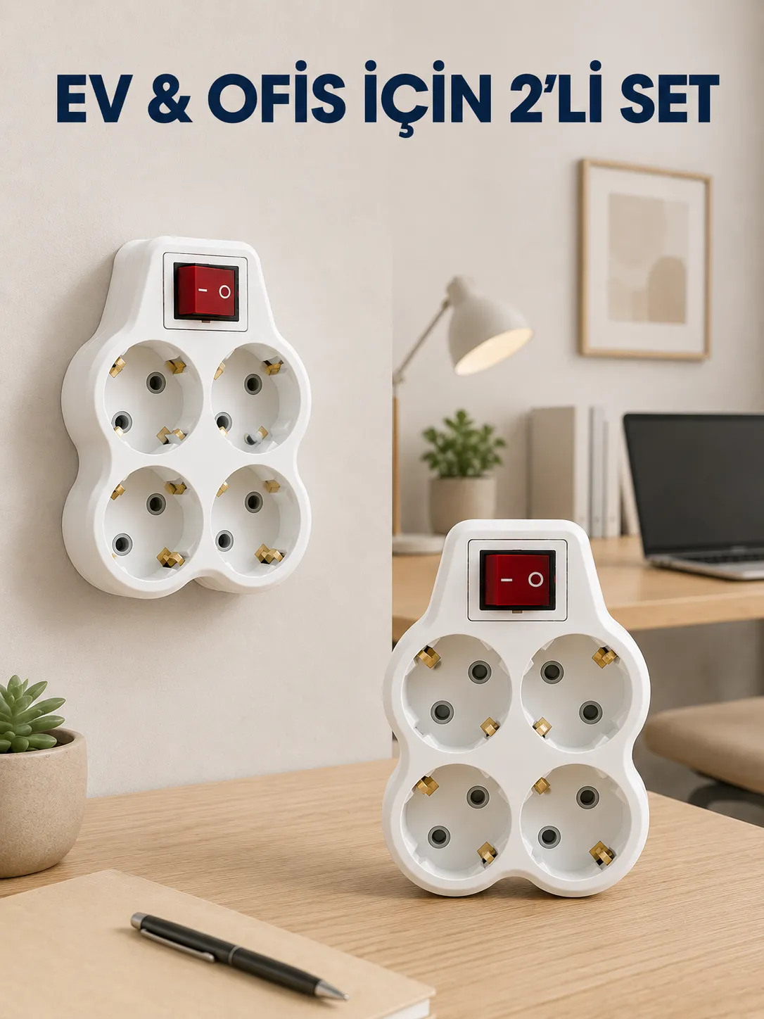 Kablosuz Duvar Tipi Priz Çoğaltıcı 4 Çıkışlı Anahtarlı 2 Adet Avantajlı Set