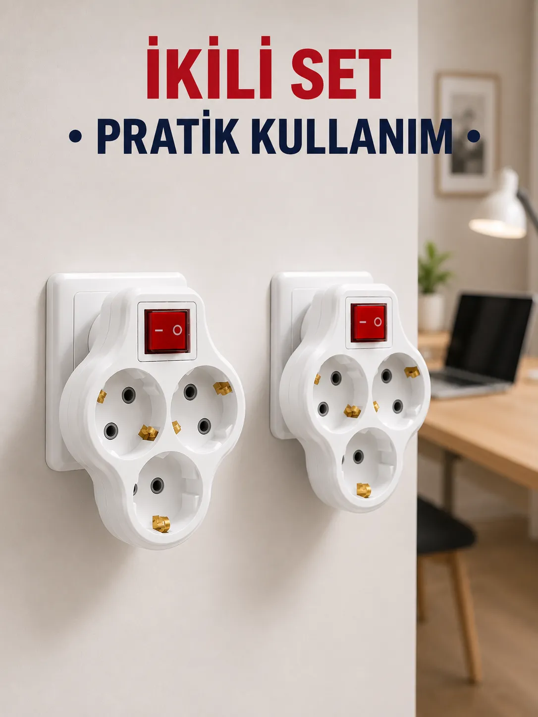 Kablosuz 3’lü Priz Çoklayıcı Açma Kapama Anahtarlı Duvar Tipi 2 Adet Set
