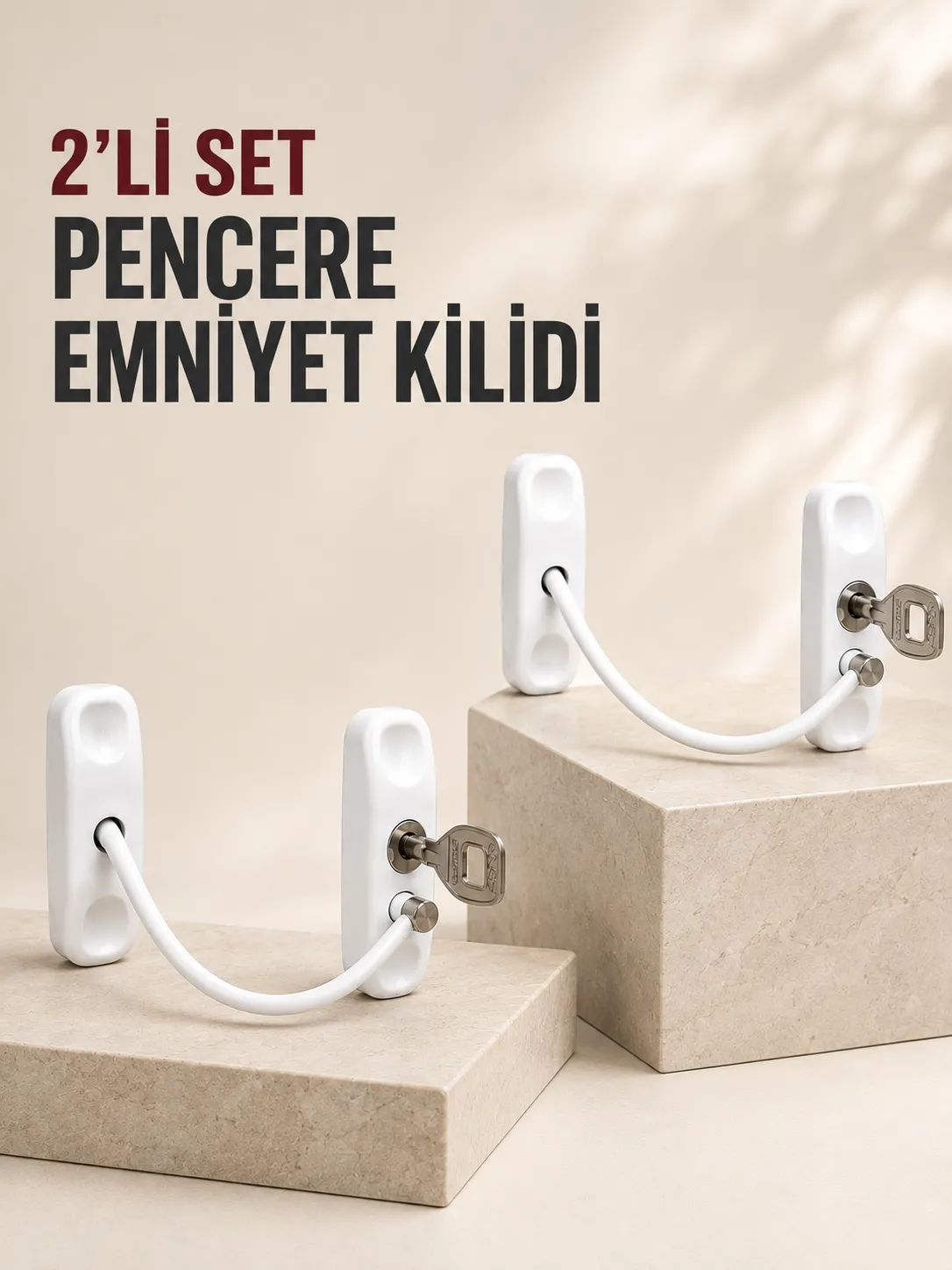 2’li Set Pencere Güvenlik Kilidi Anahtarlı Kablolu Çocuk Emniyet Kilidi Beyaz