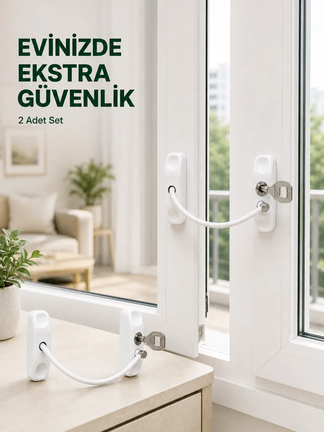 Çocuk Güvenliği İçin Kablolu Pencere Kilidi Anahtarlı Emniyet Aparatı 2 Adet